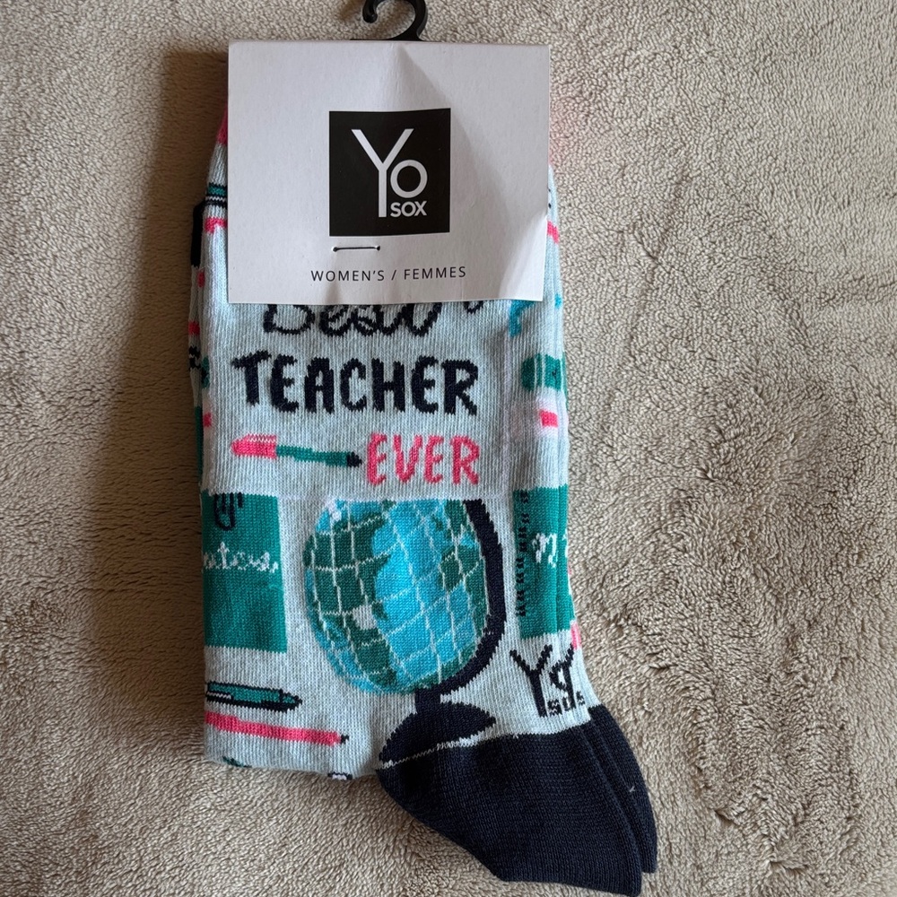 Best Teacher Globe Print Crew Socks - White, Teal and Pink